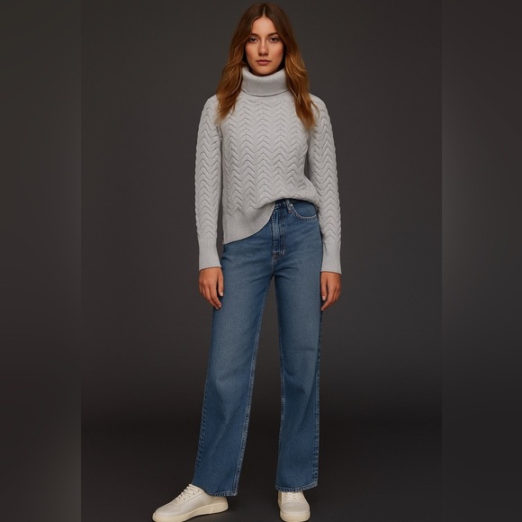 Aritzia Wilfred Free 100% Wool Turtleneck Chevron Pattern Sweater Size Sm Gray - Picture 8 of 13